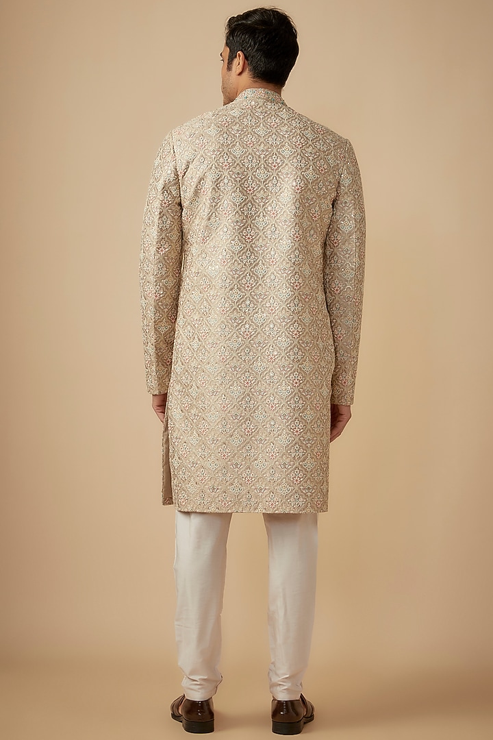 Earthy Brown Silk Hand Embroidered Wedding Sherwani Set by RE CHANNEL at Pernia's Pop Up Shop