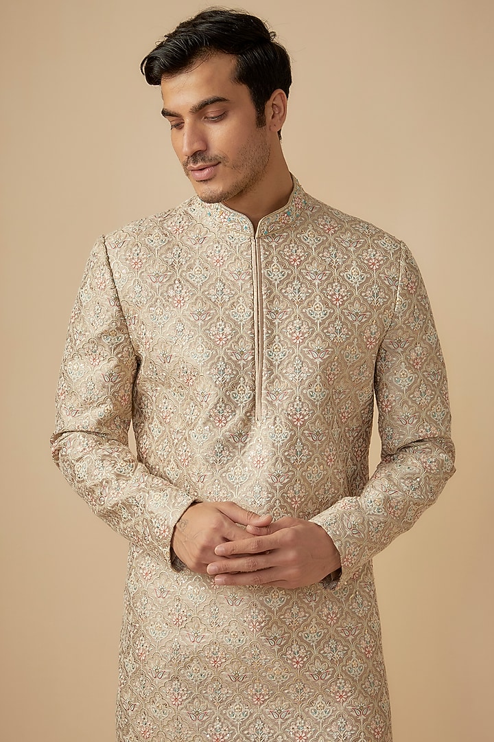 Earthy Brown Silk Hand Embroidered Wedding Sherwani Set by RE CHANNEL at Pernia's Pop Up Shop