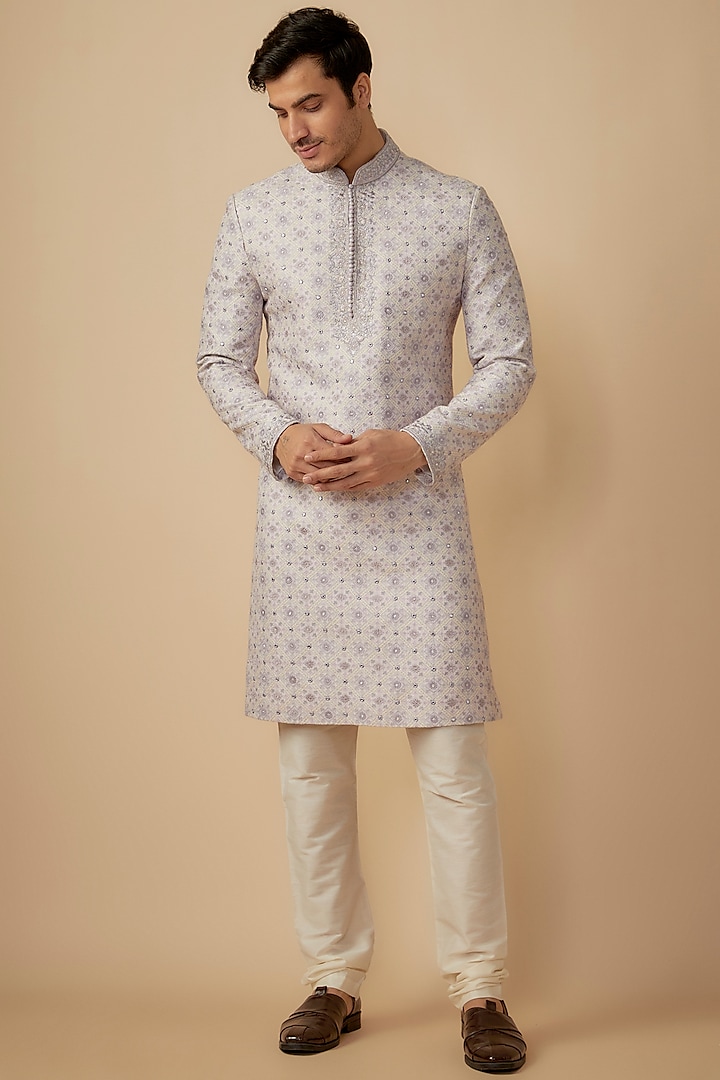 Light Lavender Silk Resham Embroidered Sherwani Set by RE CHANNEL