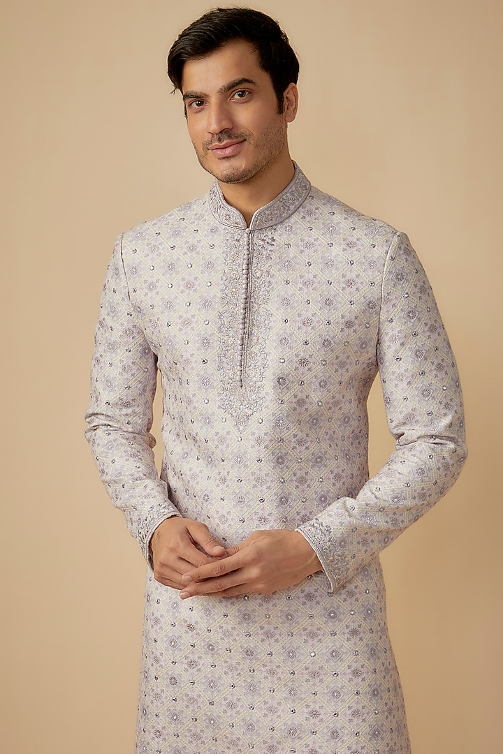 Light Lavender Silk Resham Embroidered Wedding Sherwani Set by RE CHANNEL at Pernia's Pop Up Shop