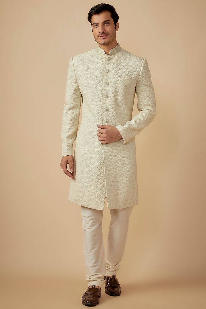 Cream Lucknowi Cutdana Embroidered Wedding Sherwani Set by RE CHANNEL at Pernia's Pop Up Shop