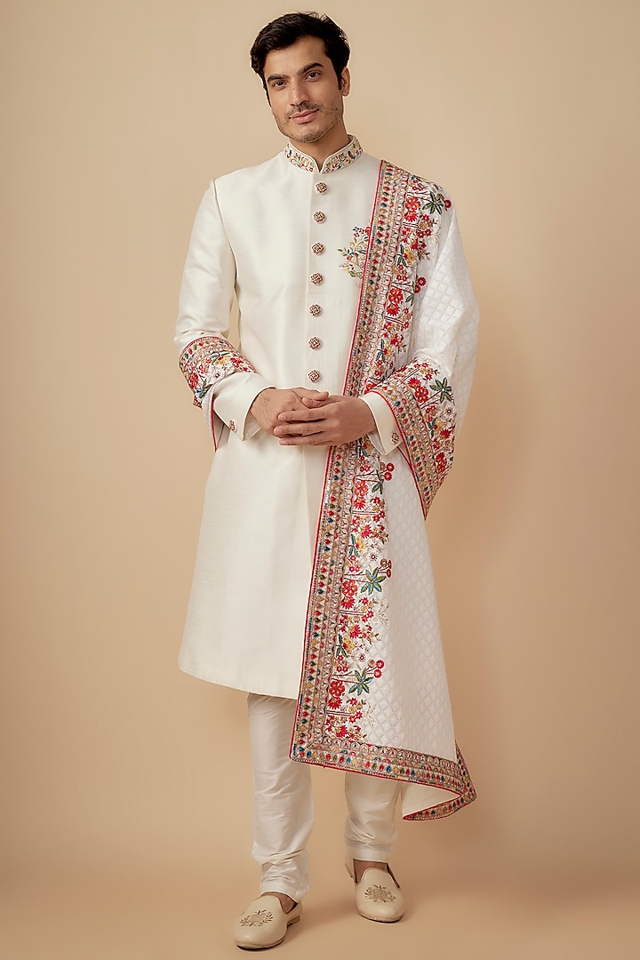 Cream Silk Resham Embroidered Sherwani Set by RE CHANNEL