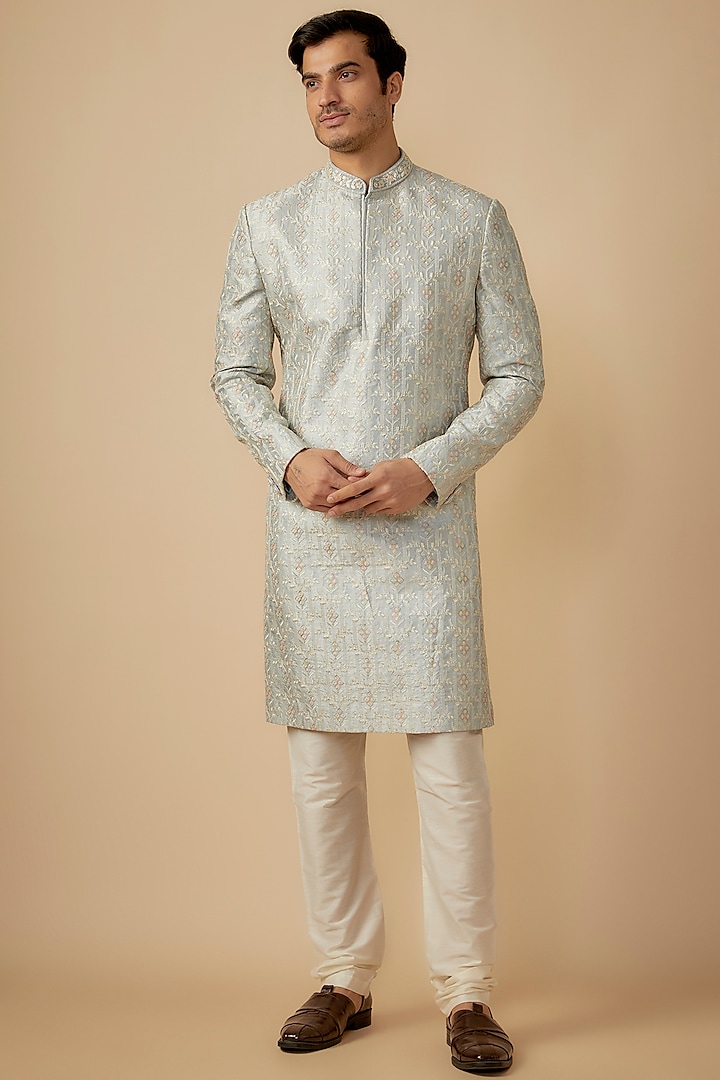 Greyish-Blue Silk Hand Embroidered Sherwani Set by RE CHANNEL