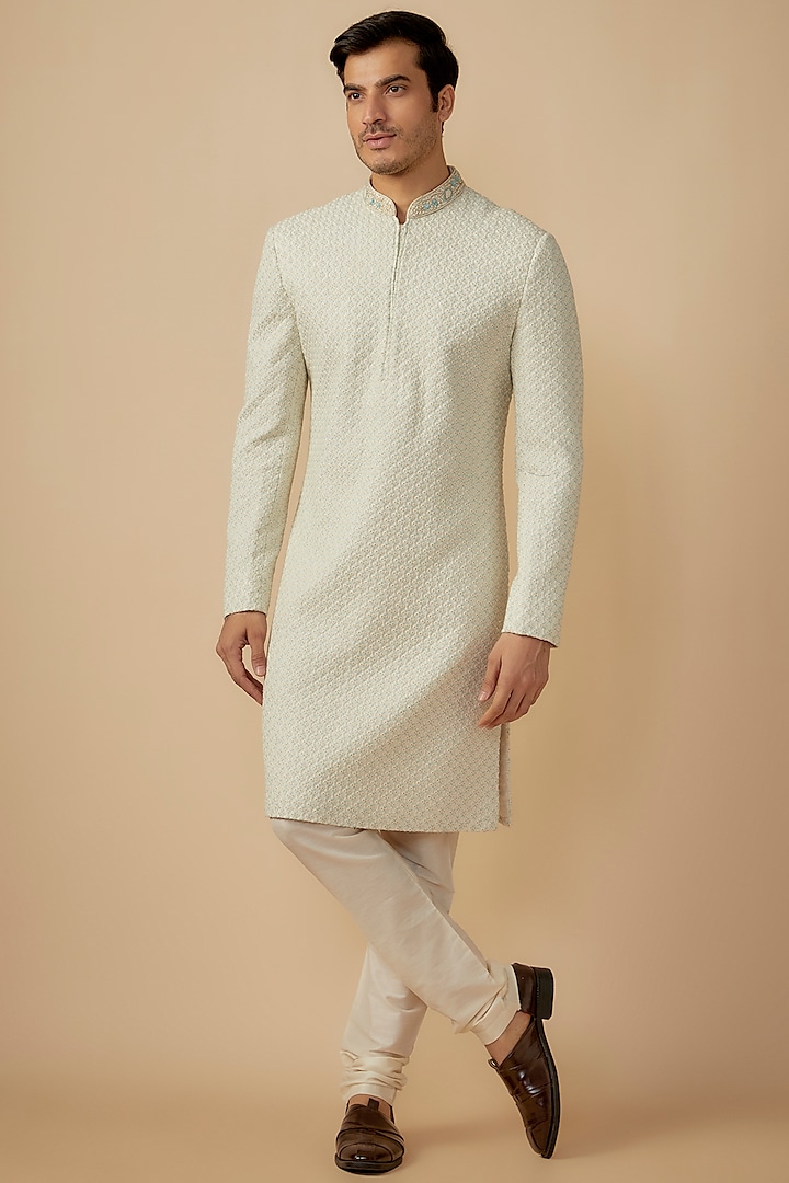 Cream Lucknowi French Knot Embroidered Sherwani Set by RE CHANNEL