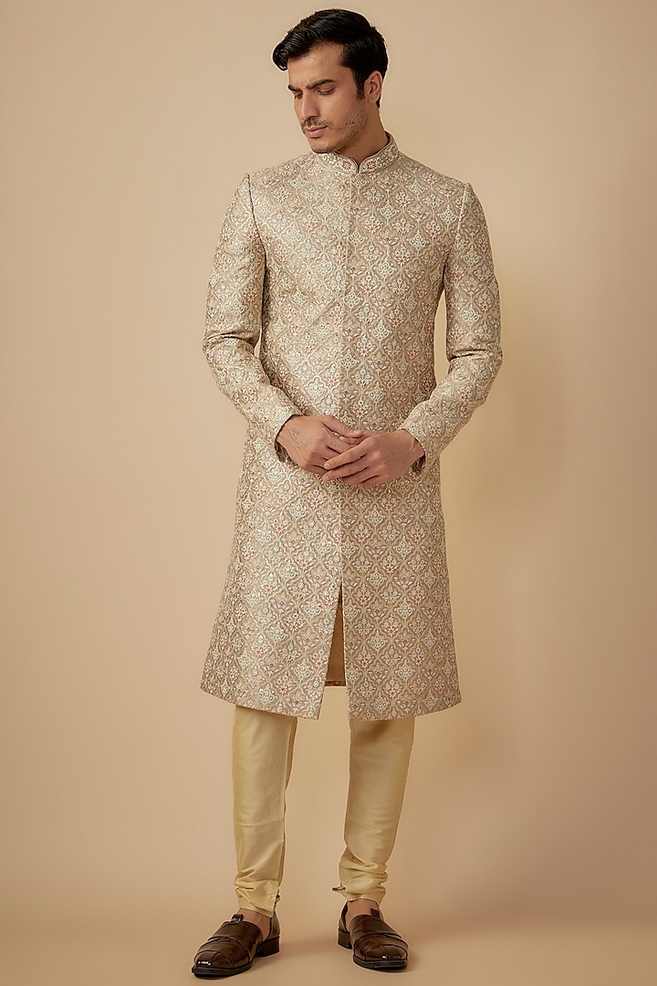 Earthy Brown Silk Hand Embroidered Sherwani Set by RE CHANNEL