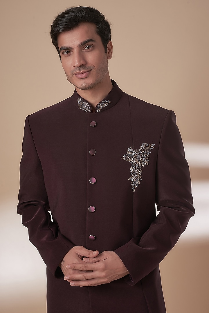 Wine Imported Suiting Motif Work Indowestern Set by RE CHANNEL at Pernia's Pop Up Shop