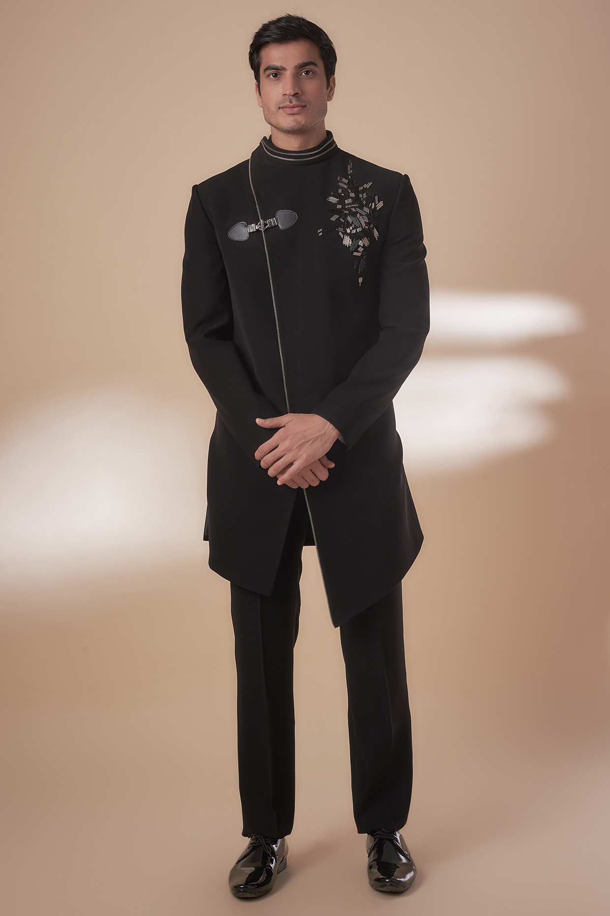 Black Japanese Suiting Fabric Salli Embroidered Asymmetric Wedding Indowestern Set by RE CHANNEL at Pernia's Pop Up Shop