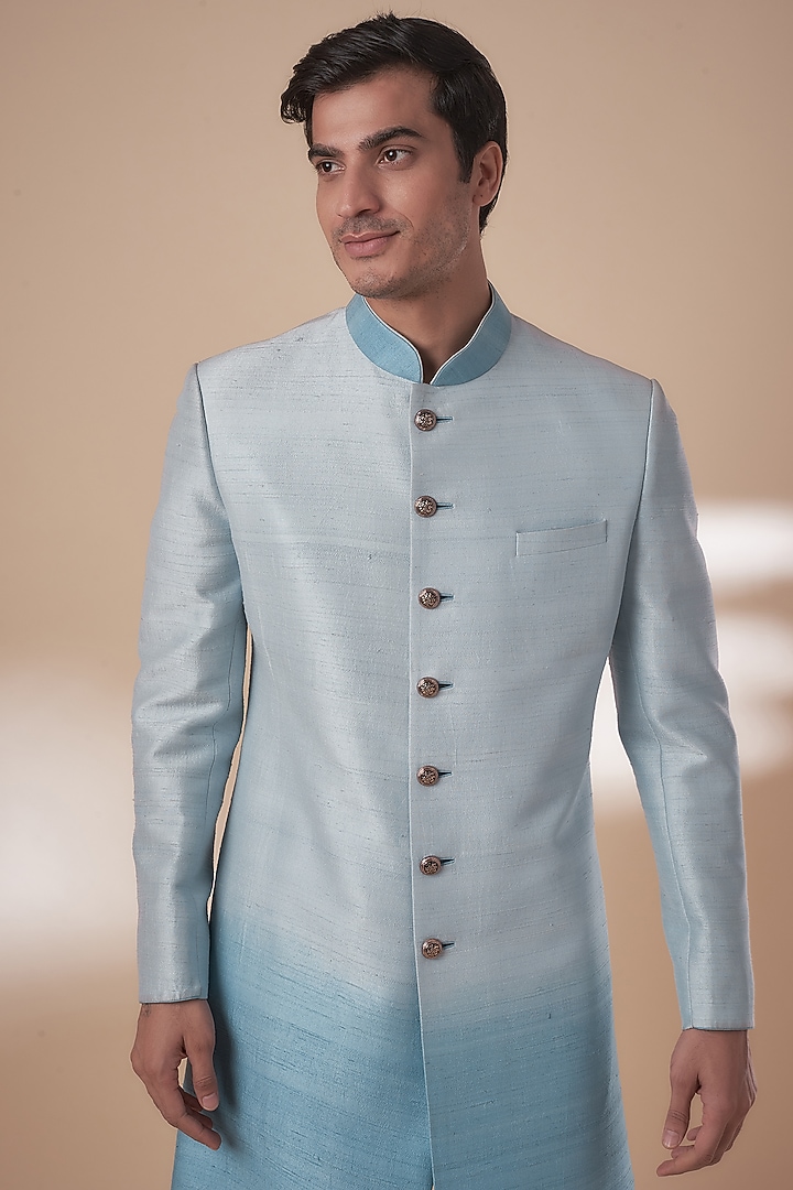 Blue Silk Ombre Wedding Sherwani Set by RE CHANNEL at Pernia's Pop Up Shop