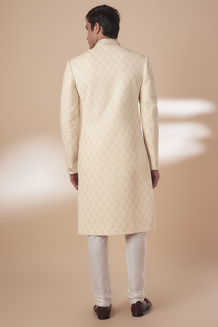 Off-White Velvet Thread Embroidered Wedding Sherwani Set by RE CHANNEL at Pernia's Pop Up Shop