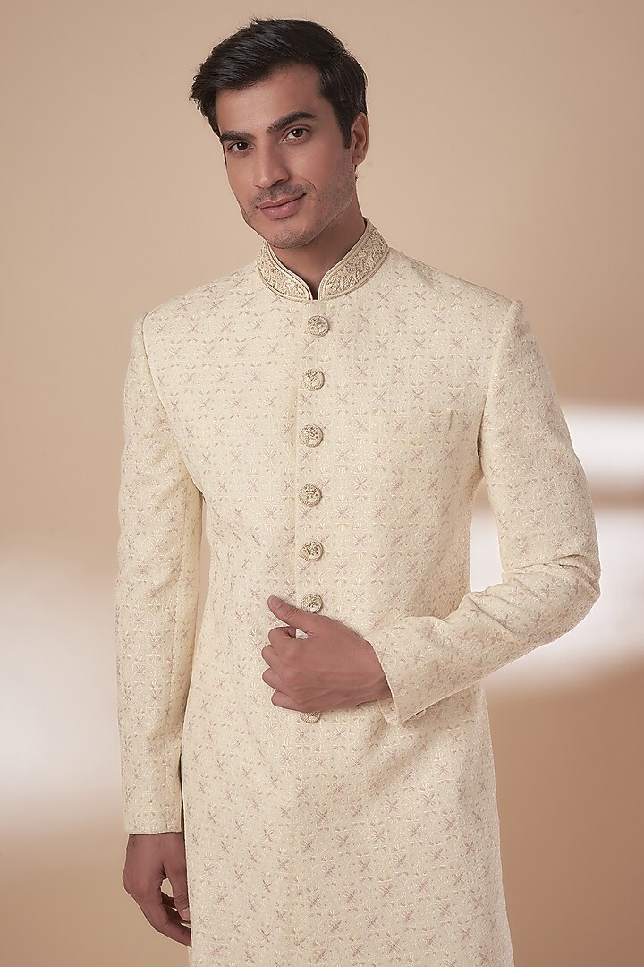 Off-White Velvet Thread Embroidered Wedding Sherwani Set by RE CHANNEL at Pernia's Pop Up Shop