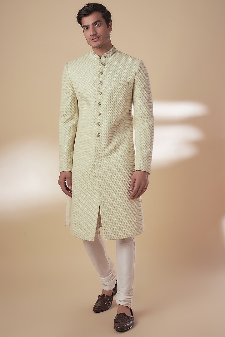 Lime Green Georgette Lucknowi Thread Embroidered Sherwani Set by RE CHANNEL