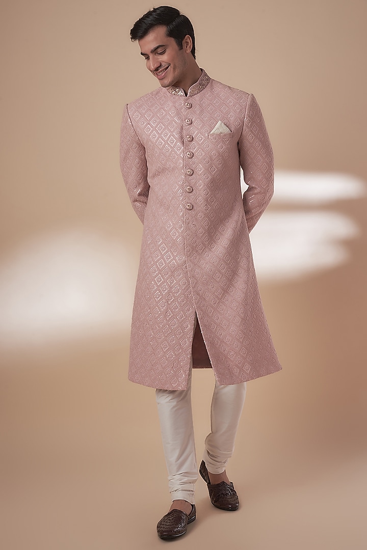 Onion Pink Georgette Resham Embroidered Lucknowi Sherwani Set by RE CHANNEL