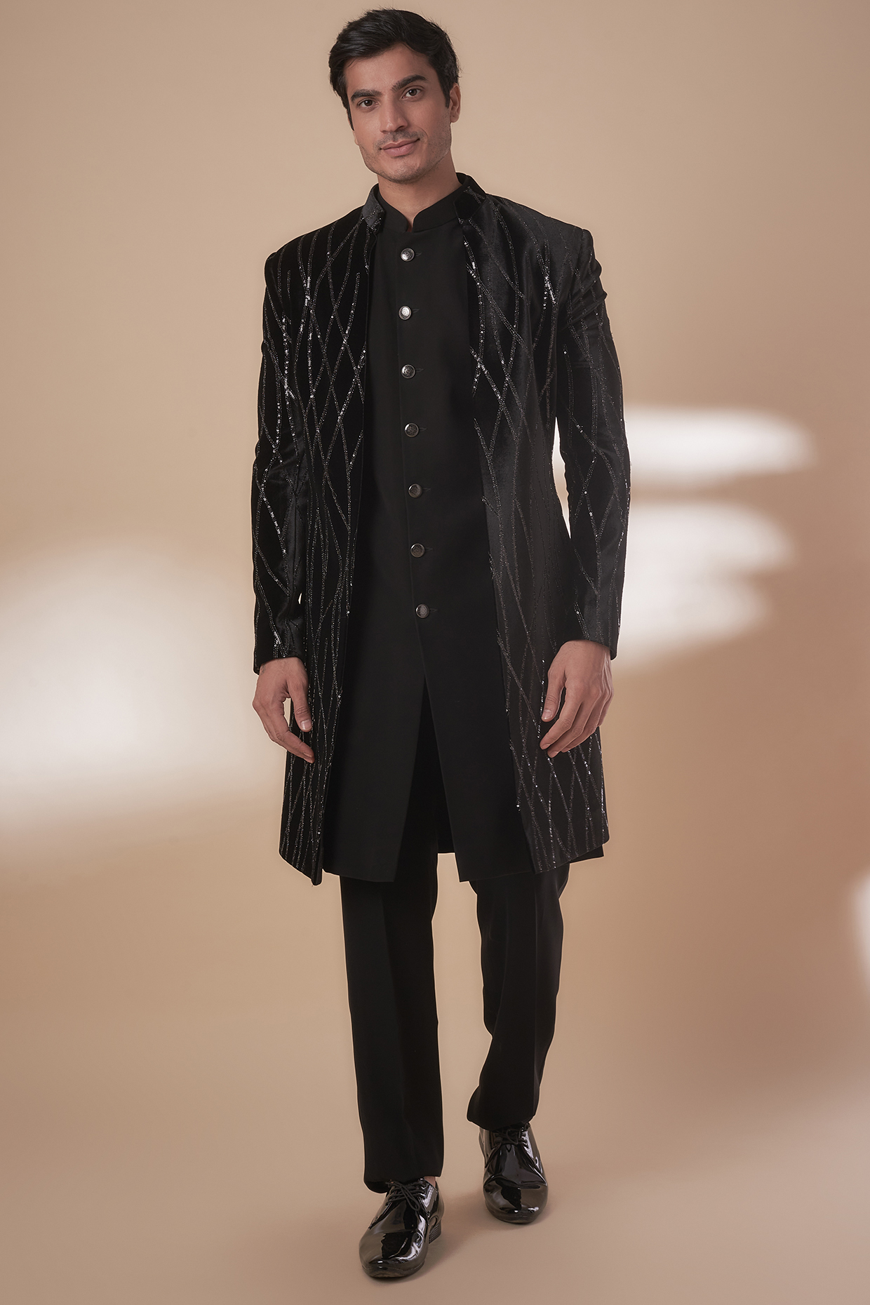 Black Velvet Sequin Embellished Wedding Indowestern Set by RE CHANNEL at Pernia's Pop Up Shop