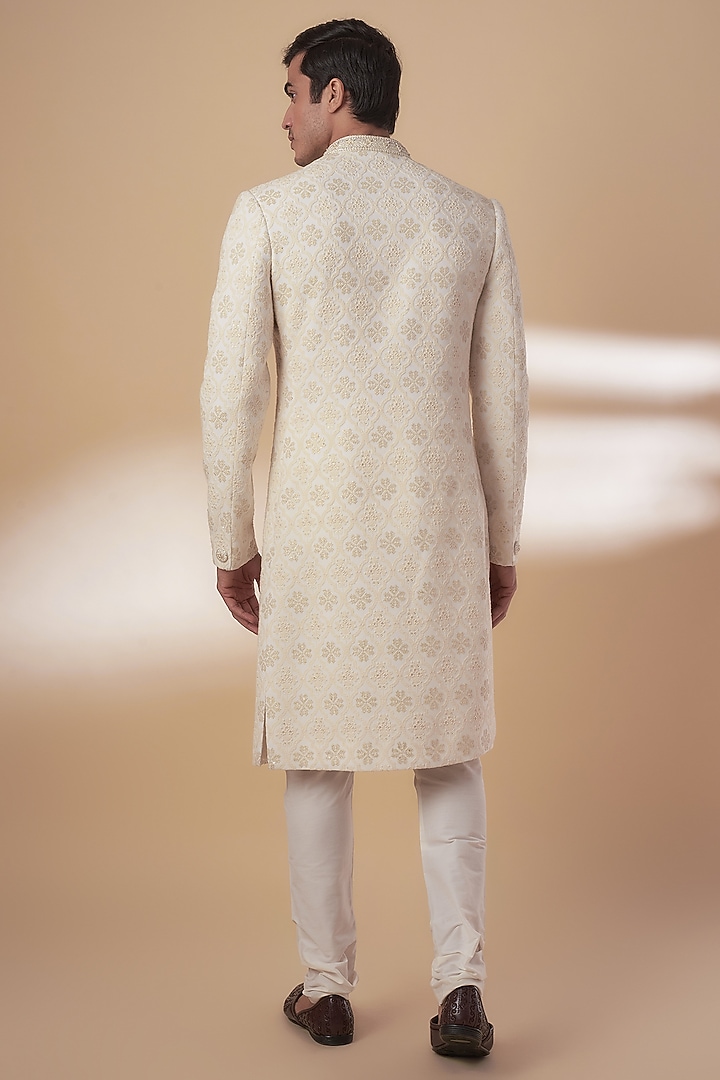 Off-White Georgette Thread Embroidered Lucknowi Wedding Sherwani Set by RE CHANNEL at Pernia's Pop Up Shop