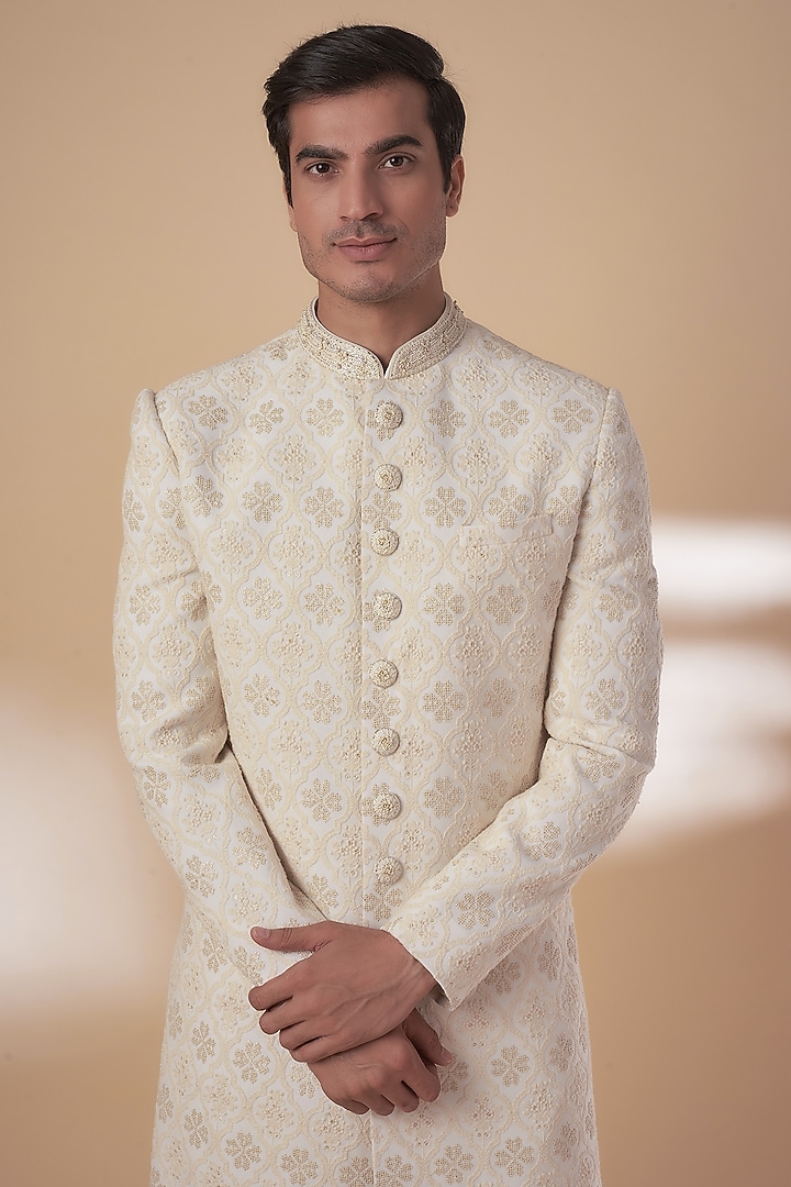 Off-White Georgette Thread Embroidered Lucknowi Wedding Sherwani Set by RE CHANNEL at Pernia's Pop Up Shop