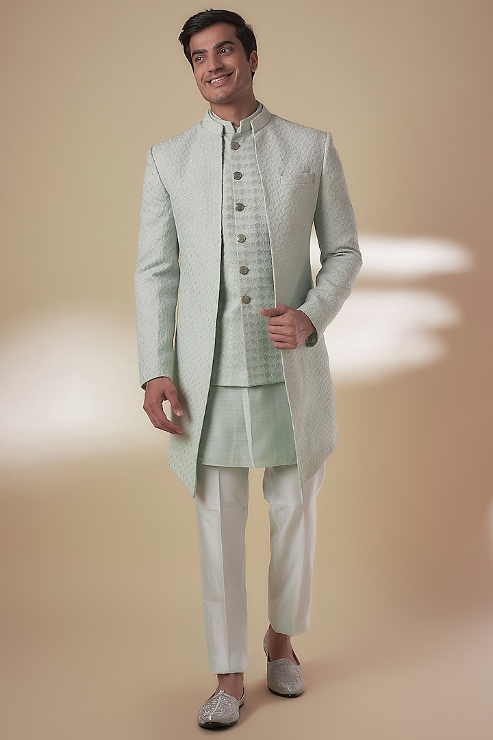 Mint green Cotton Thread Embroidered Indowestern Set by RE CHANNEL