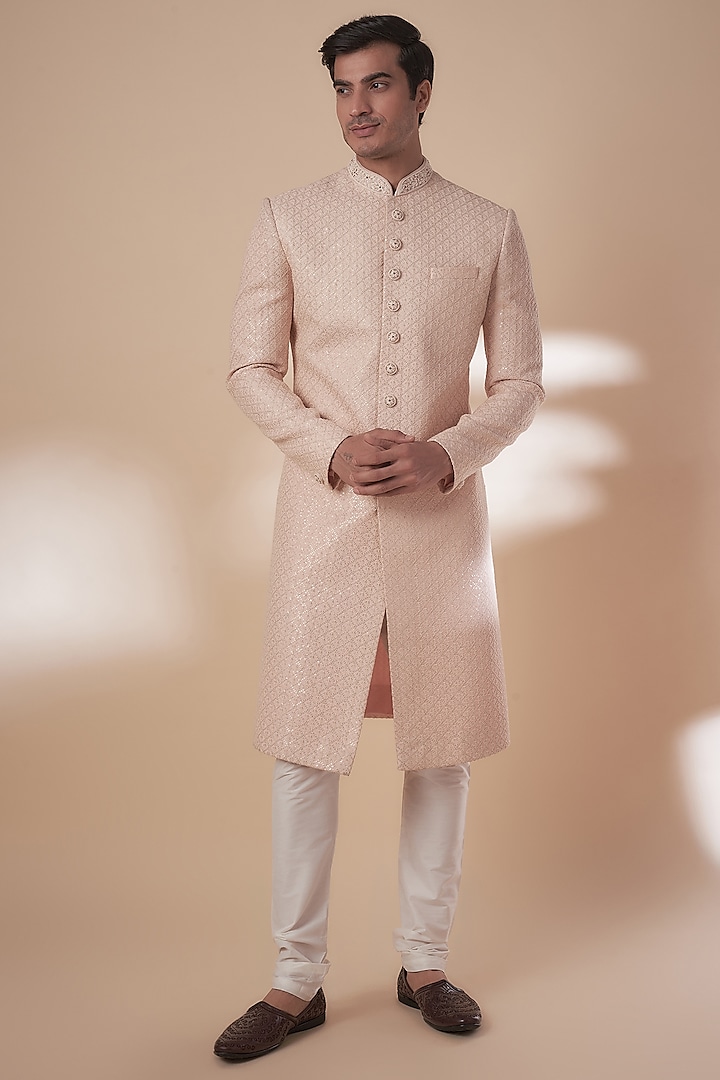 Light Peach Georgette Beads Embroidered Lucknowi Sherwani Set by RE CHANNEL