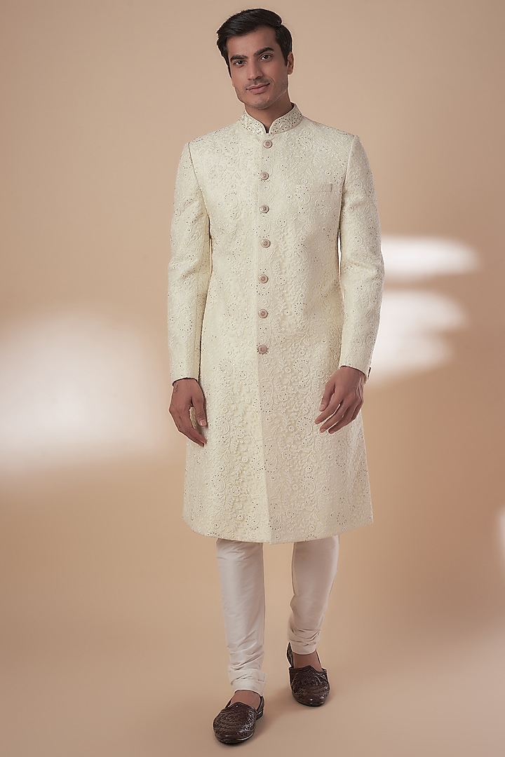 Cream Net Thread Embroidered Sherwani Set by RE CHANNEL