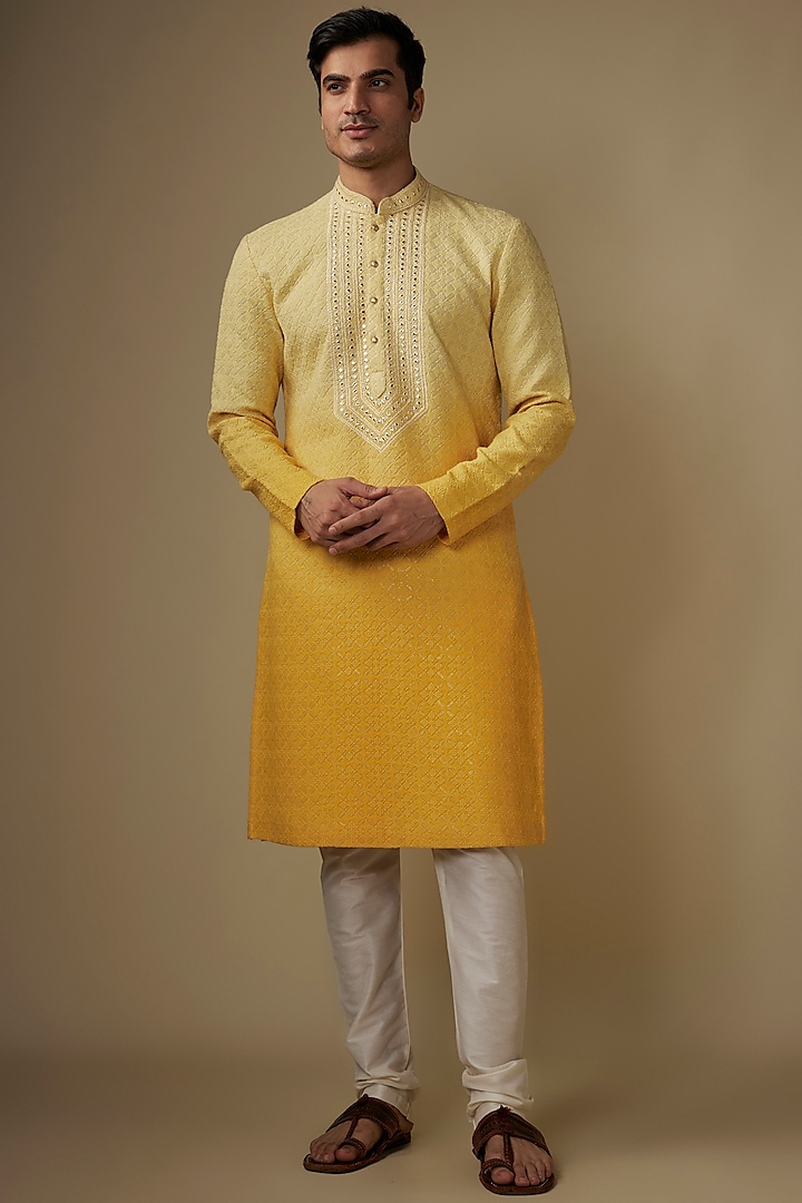 Yellow Silk Mirror Work Kurta Set by RE CHANNEL at Pernia's Pop Up Shop