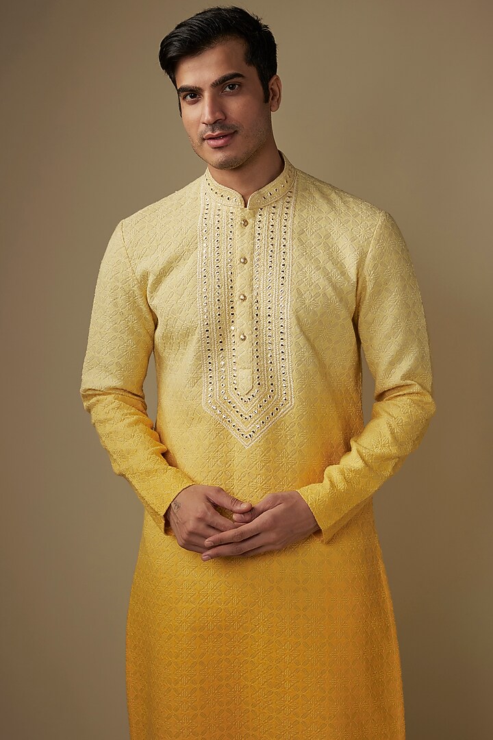 Yellow Silk Mirror Work Kurta Set by RE CHANNEL at Pernia's Pop Up Shop