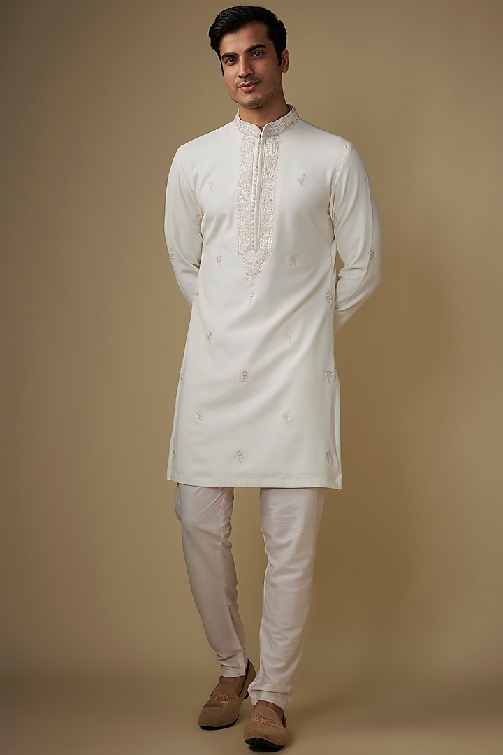 Off-White Silk Mirror Work Kurta Set by RE CHANNEL at Pernia's Pop Up Shop