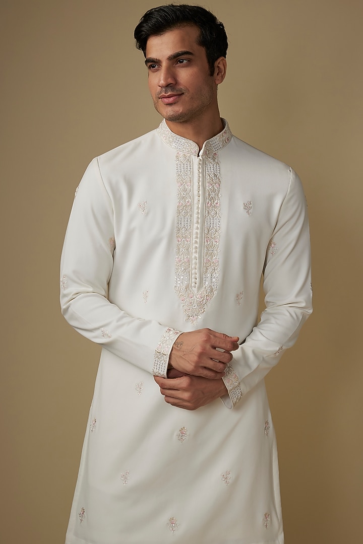 Off-White Silk Mirror Work Kurta Set by RE CHANNEL at Pernia's Pop Up Shop