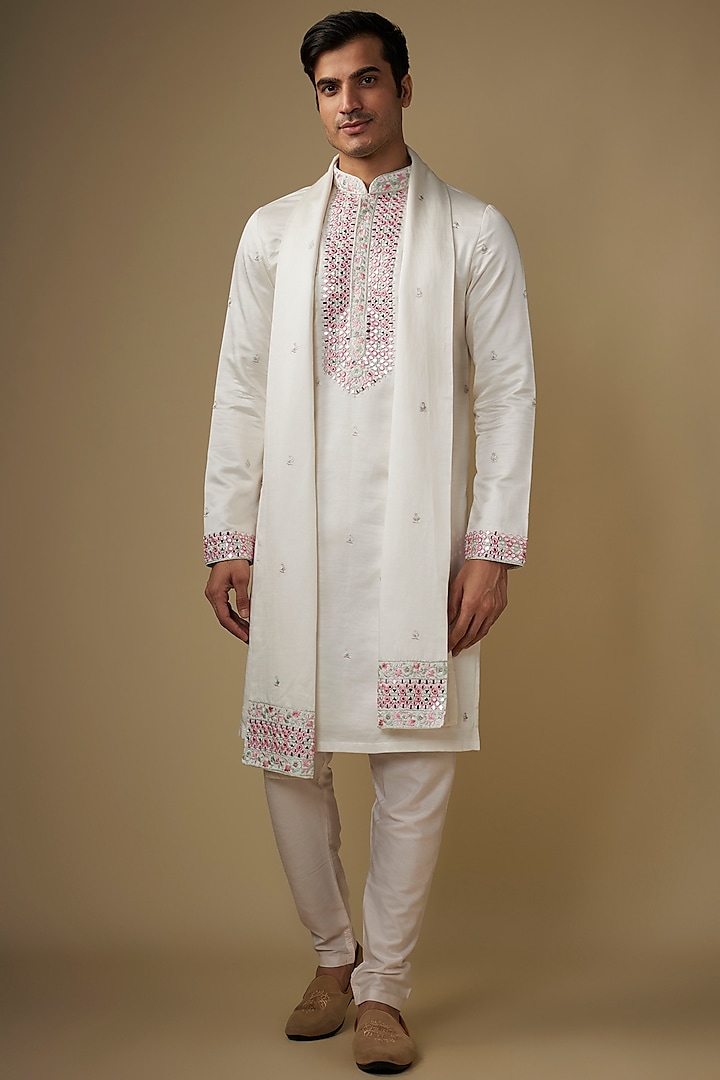 Off-White Silk Threadwork Kurta Set by RE CHANNEL at Pernia's Pop Up Shop