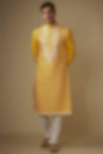 Yellow Silk Abstract Work Kurta Set by RE CHANNEL at Pernia's Pop Up Shop