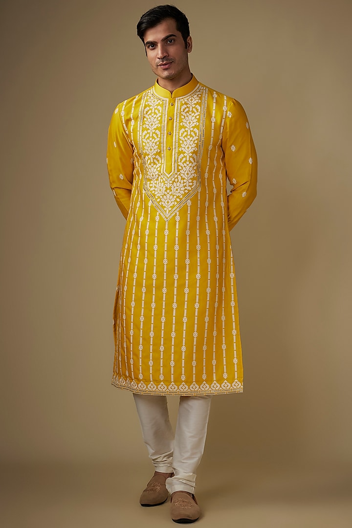 Yellow Silk Abstract Work Kurta Set by RE CHANNEL at Pernia's Pop Up Shop