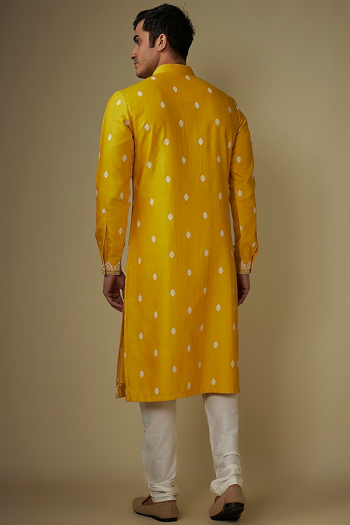 Yellow Silk Abstract Work Kurta Set by RE CHANNEL at Pernia's Pop Up Shop