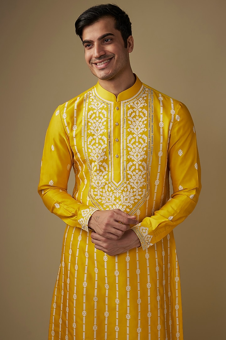 Yellow Silk Abstract Work Kurta Set by RE CHANNEL at Pernia's Pop Up Shop