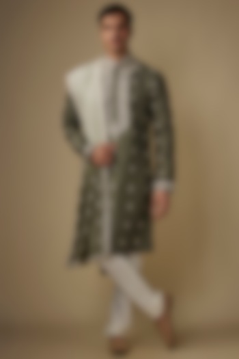 Sage Green Silk Threadwork Kurta Set by RE CHANNEL