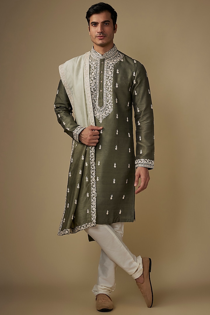 Sage Green Silk Threadwork Kurta Set by RE CHANNEL