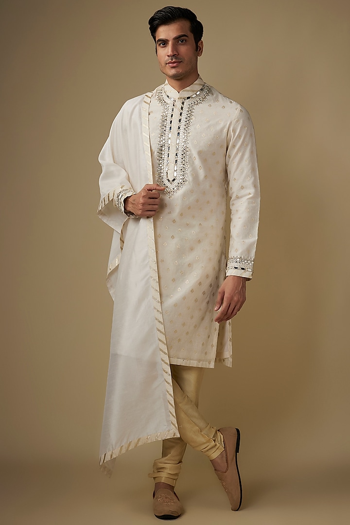 Cream Silk Mirror Work Kurta Set by RE CHANNEL