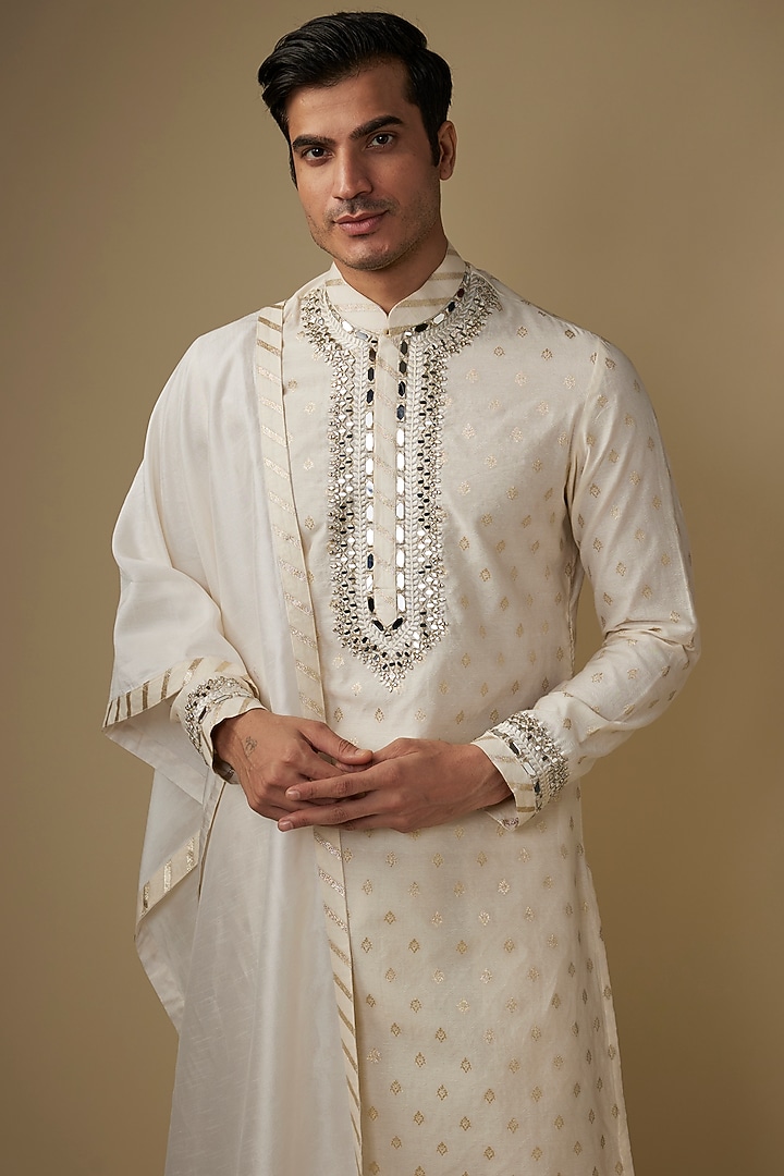 Cream Silk Mirror Work Kurta Set by RE CHANNEL at Pernia's Pop Up Shop