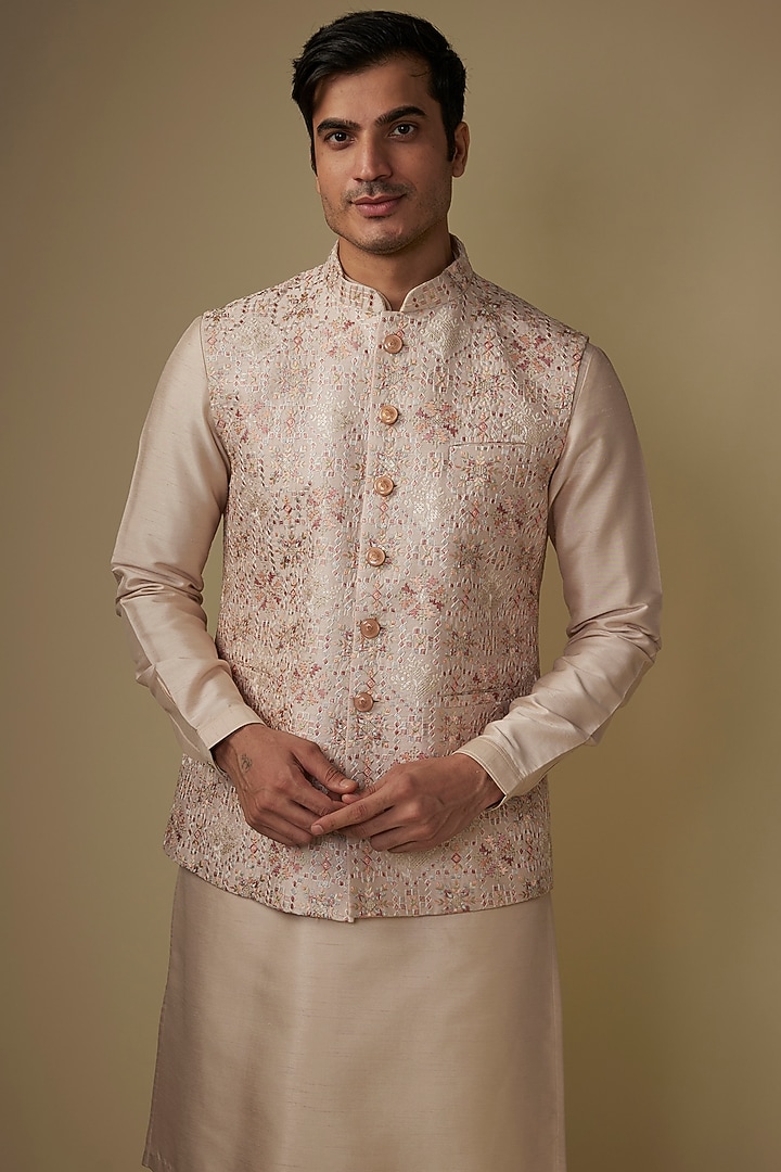 Fawn Silk Abstract Printed Bundi Jacket Set by RE CHANNEL at Pernia's Pop Up Shop