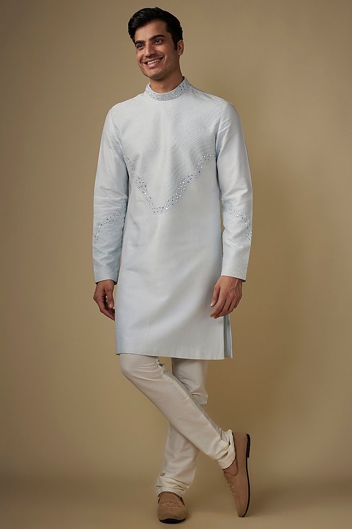 Blue Silk Mirror Work Kurta Set by RE CHANNEL at Pernia's Pop Up Shop