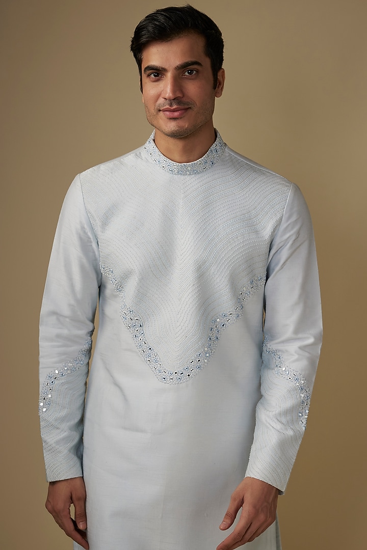 Blue Silk Mirror Work Kurta Set by RE CHANNEL at Pernia's Pop Up Shop