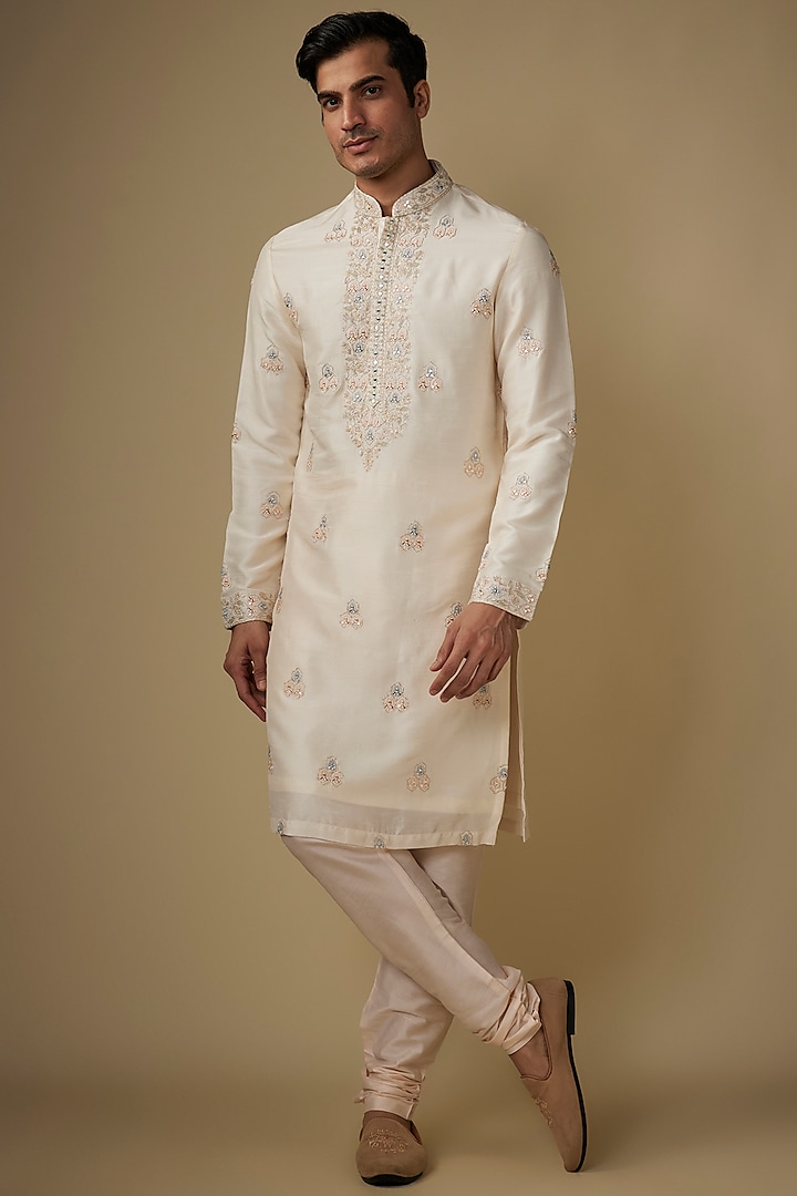 Light Gold Silk Thread Work Kurta Set by RE CHANNEL at Pernia's Pop Up Shop