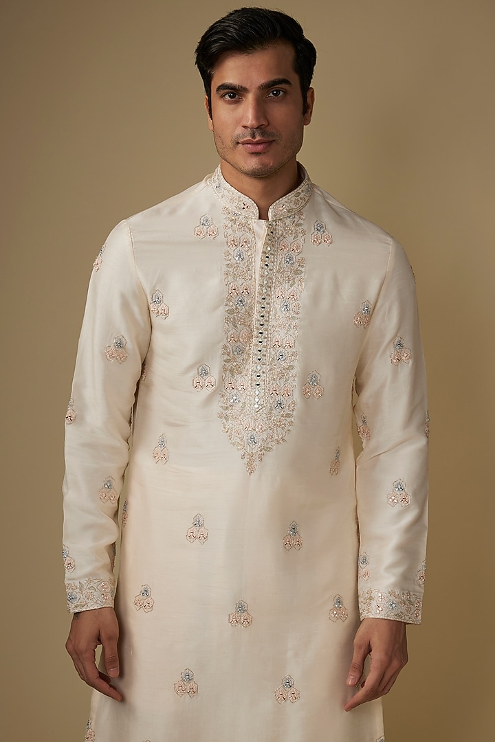 Light Gold Silk Thread Work Kurta Set by RE CHANNEL at Pernia's Pop Up Shop