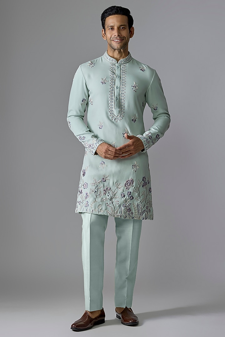 Mint Green Imported Fabric Thread Embroidered Kurta Set by RE CHANNEL at Pernia's Pop Up Shop