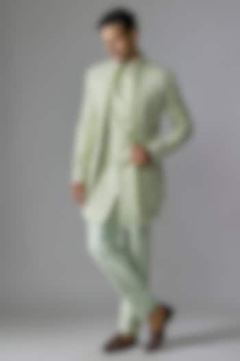 Green Zari Silk Pearl & Sequins Embellished Wedding Indowestern Set by RE CHANNEL at Pernia's Pop Up Shop