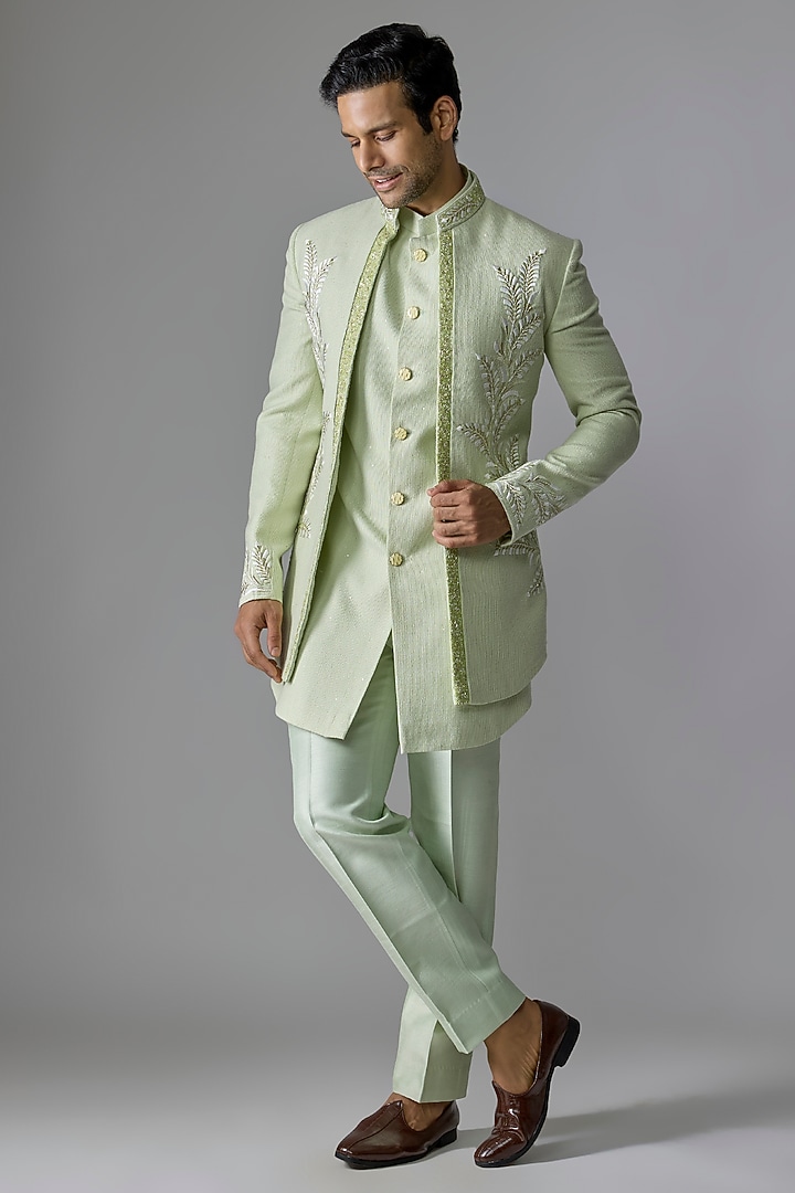 Green Zari Silk Pearl & Sequins Embellished Wedding Indowestern Set by RE CHANNEL at Pernia's Pop Up Shop