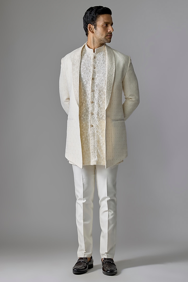 Cream Textured Fabric Wedding Indowestern Set by RE CHANNEL at Pernia's Pop Up Shop