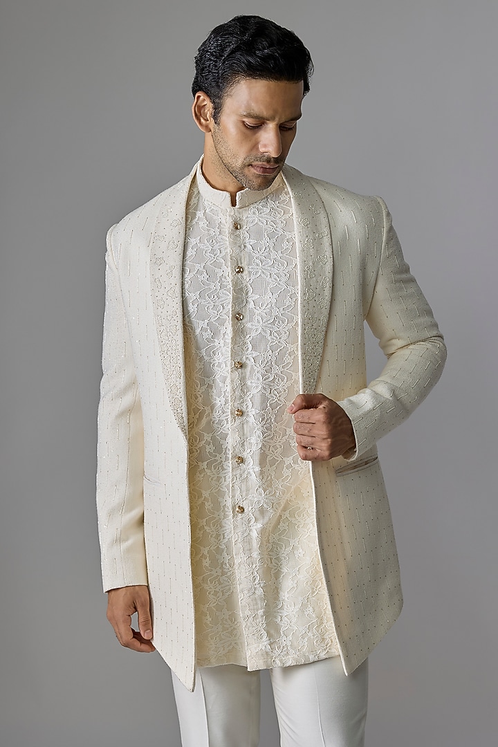Cream Textured Fabric Wedding Indowestern Set by RE CHANNEL at Pernia's Pop Up Shop