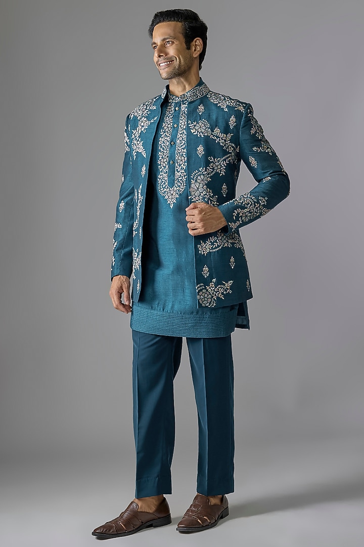 Royal Blue Osik Silk Thread Embroidered Wedding Indowestern Set by RE CHANNEL at Pernia's Pop Up Shop