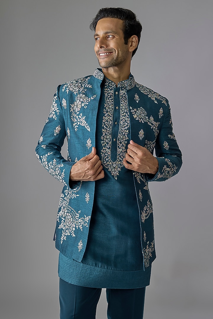 Royal Blue Osik Silk Thread Embroidered Wedding Indowestern Set by RE CHANNEL at Pernia's Pop Up Shop