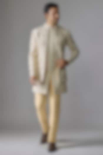 Creamish Gold Tissue Pearl Embellished Wedding Indowestern Set by RE CHANNEL at Pernia's Pop Up Shop