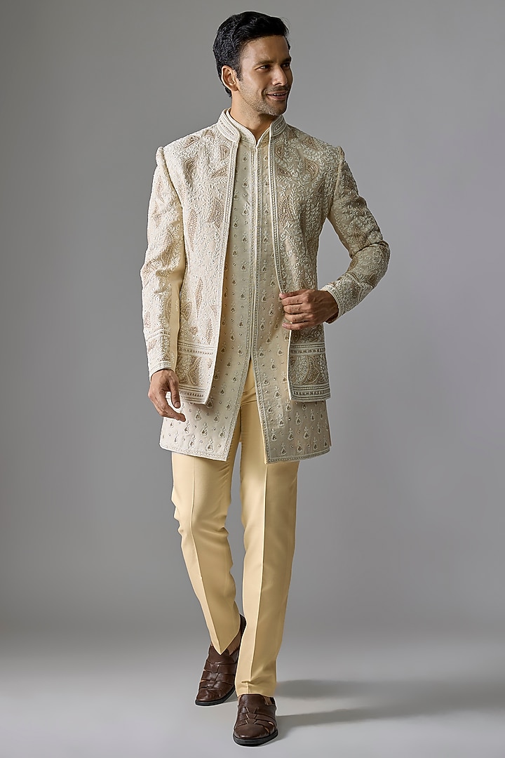 Creamish Gold Tissue Pearl Embellished Wedding Indowestern Set by RE CHANNEL at Pernia's Pop Up Shop