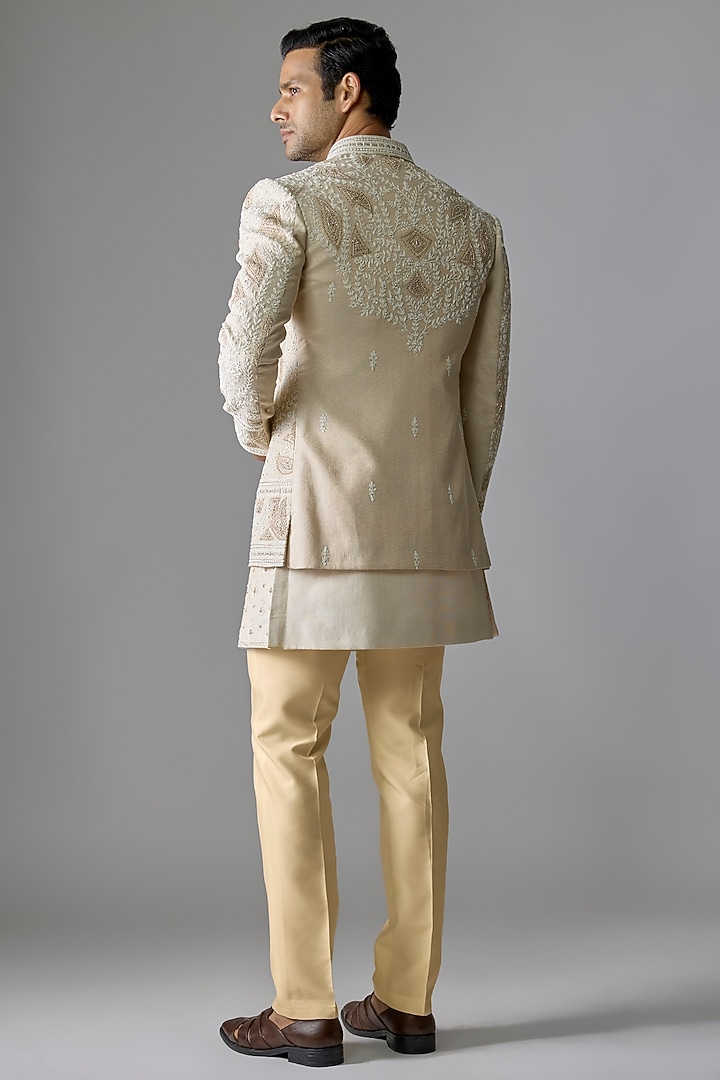 Creamish Gold Tissue Pearl Embellished Wedding Indowestern Set by RE CHANNEL at Pernia's Pop Up Shop